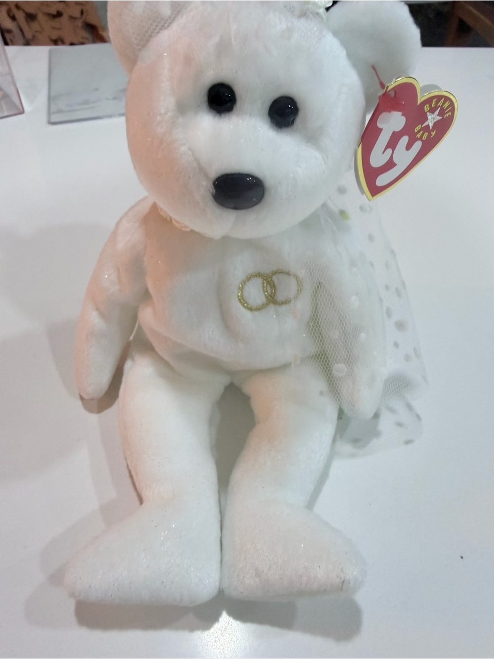 Ty White Wedding Bear Plush with Gold Embroidered Rings